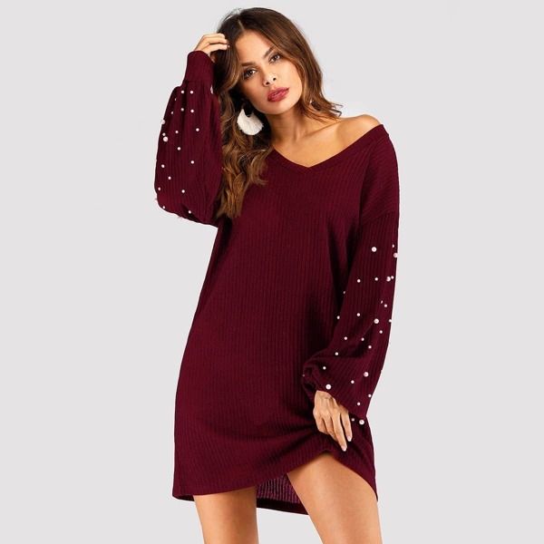 

Beaded V-neck Ribbed Dress