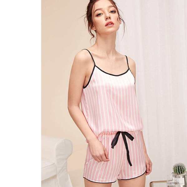 

Striped Satin Cami Top & Shorts PJ Set, Baby pink