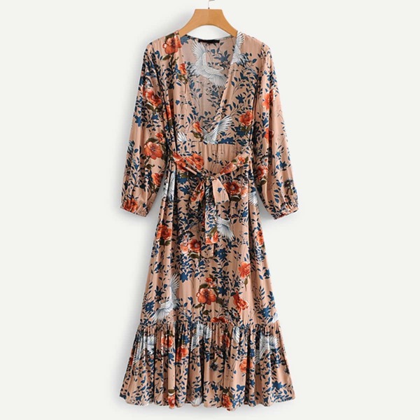 

Self Tie Floral & Crane Print Ruffle Hem Dress