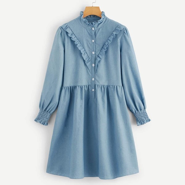 

Frill Trim Half Button Shirt Dress, Blue
