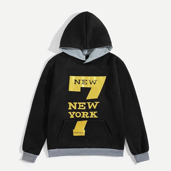 

Men Rib Knit Trim Letter Print Hoodie
