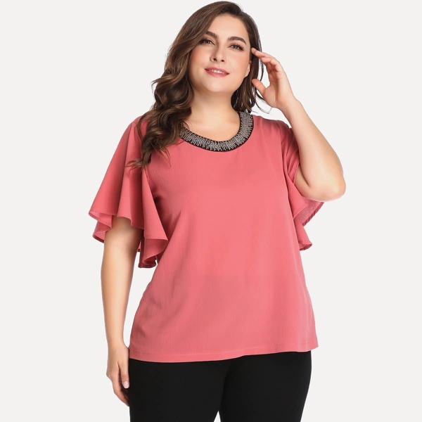 

Plus Beaded Flounce Sleeve Blouse