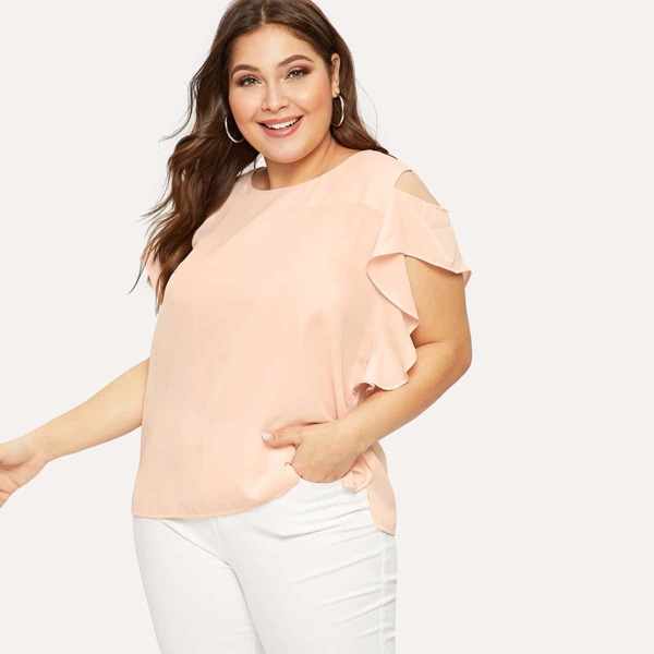 

Plus Ruffle Trim Open Shoulder Zip Back Blouse