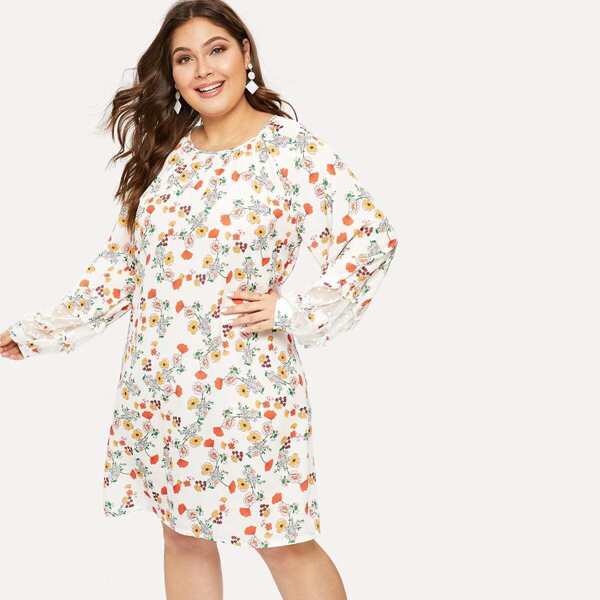 

Plus Contrast Lace Floral Print Chiffon Dress