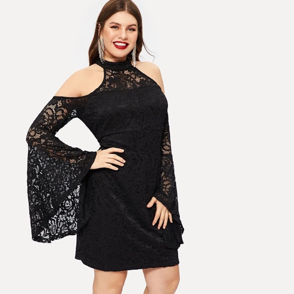 

Plus Cold Shoulder Flounce Sleeve Lace Dress