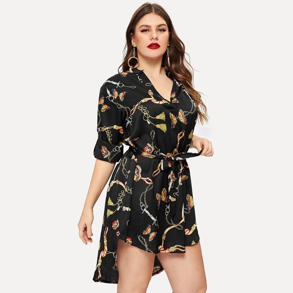 

Plus Chain Print Self-tie Shirt Dress