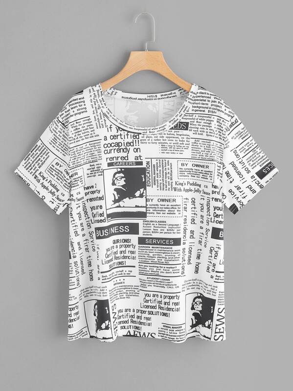 

Plus Newspaper Print Tee, Black and white