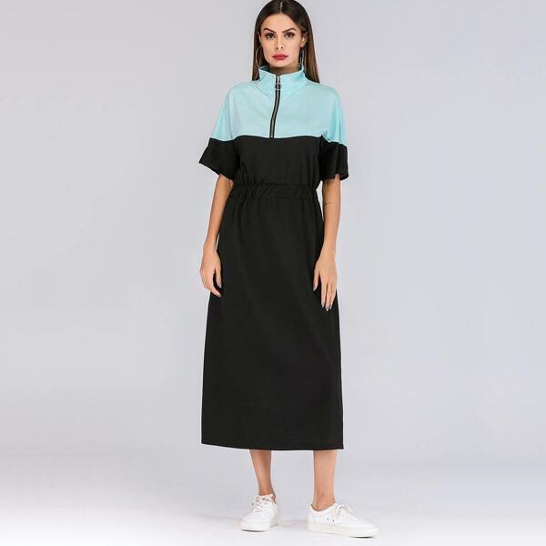 

Half Zip Drop Shoulder Elastic Waist Dress