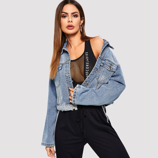 

Raw Hem Drop Shoulder Crop Denim Jacket