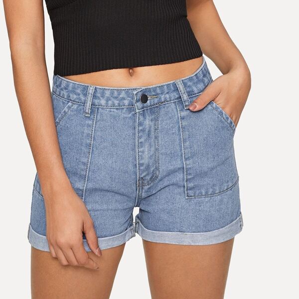 

Pocket Detail Rolled Hem Denim Shorts