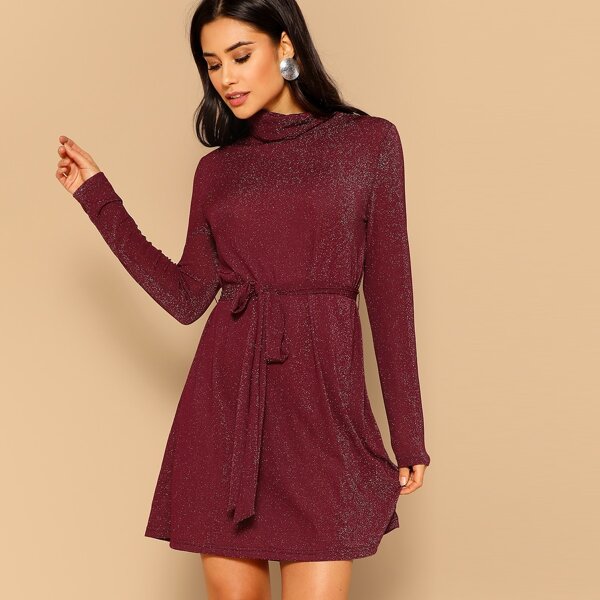 

High-neck Glitter Belted Dress