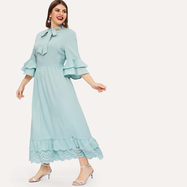 

Plus Tie Neck Layered Ruffle Bell Sleeve Dress, Blue pastel