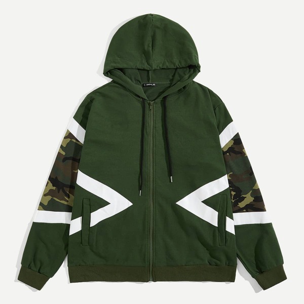 

Men Cut-and-Sew Zip Up Hoodie, Army green