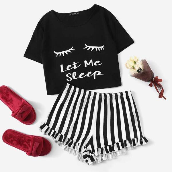 

Plus Letter Graphic Tee & Striped Ruffle Shorts PJ Set, Black and white