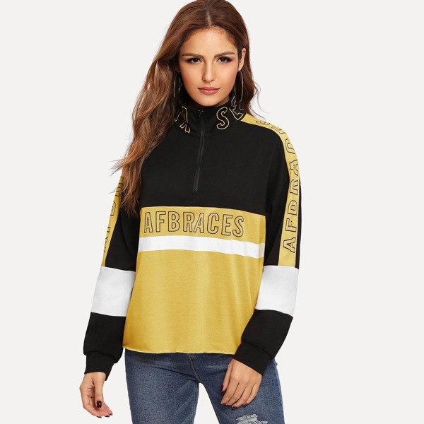 

Zip Half Placket Color-block Letter Pullover, Multicolor