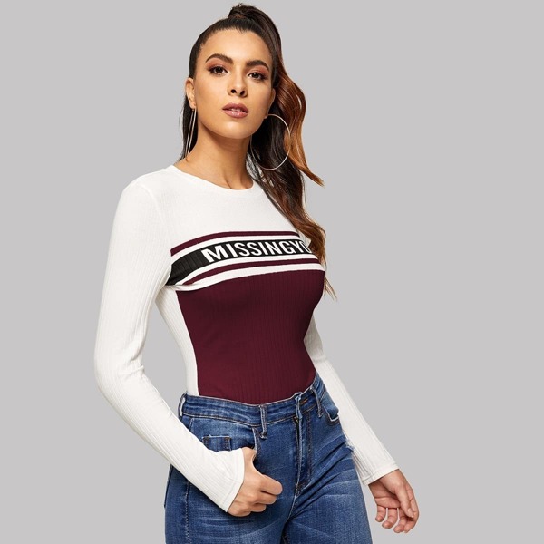 

Letter Print Color-block Rib-knit Top