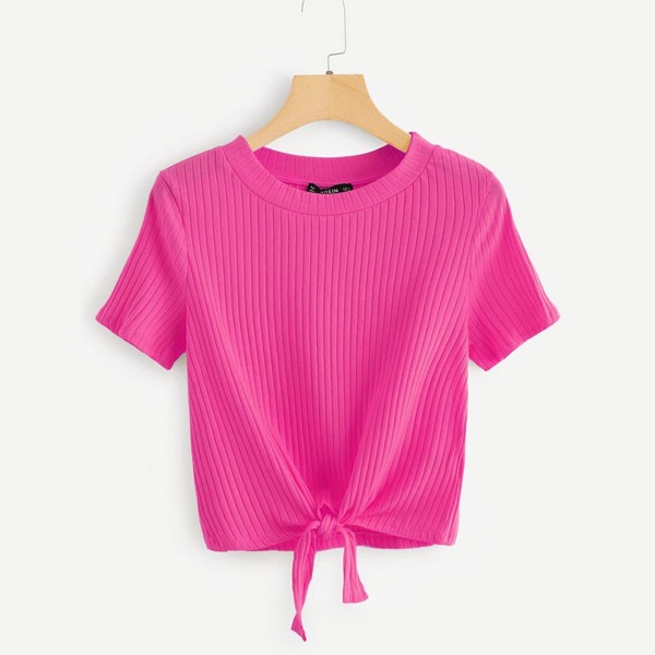 

Neon Pink Knot Front Rib-knit T-shirt