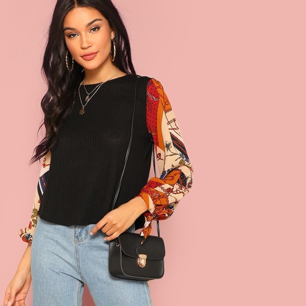 

Scarf Print Knotted Sleeve Mixed Media Top