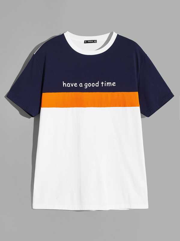 

Men Slogan Print Color Block T-shirt, Multicolor