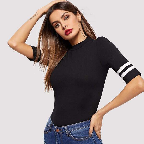 

Mock-neck Striped Sleeve T-shirt