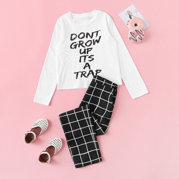 

Girls Letter Print Top & Grid Pants Set, Black and white