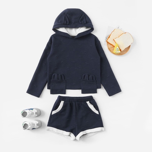 

Girls Pocket Front Hoodie With Ear & Shorts Set, Navy
