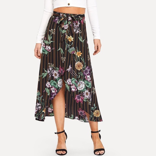 

Stripe & Flower Print Overlap Belted Skirt
