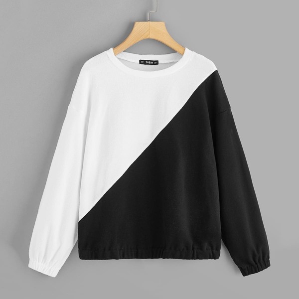 

Two Tone Elastic Hem Pullover, Black and white