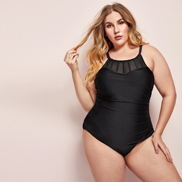 

Plus Low Back Contrast Mesh One Piece Swimsuit, Black