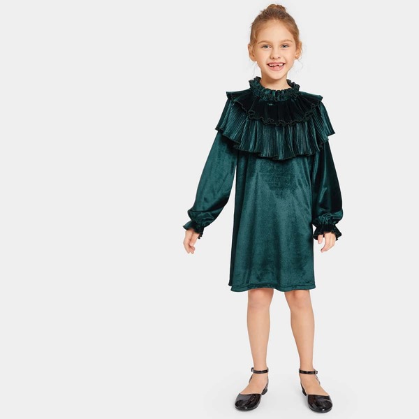 

Girls Frilled Neck Tiered Velvet Dress