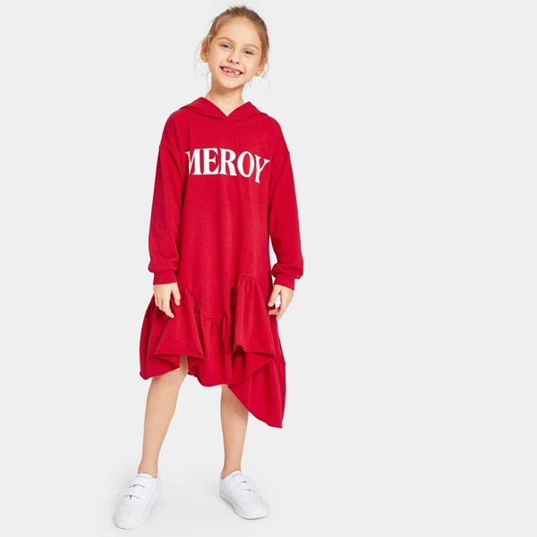 

Girls Asymmetric Ruffle Hem Letter Print Hoodie Dress