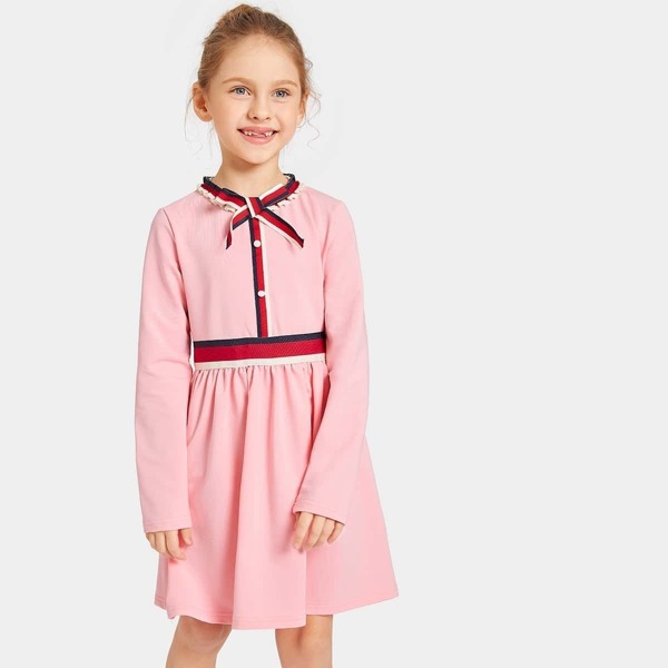 

Girls Tie Neck Button Striped Tape Dress