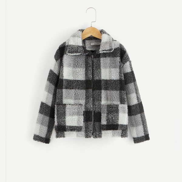 

Girls Zip Up Plaid Teddy Jacket, Grey