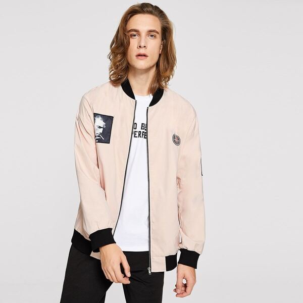 

Men Badge Patched Contrast Trim Bomber Jacket, Pink