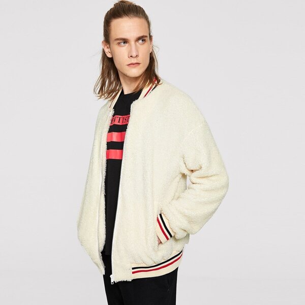 

Men Striped Faux Fur Baseball Jacket