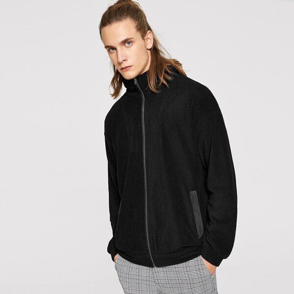 

Men Zip Up Teddy Jacket With Striped Hood, Black