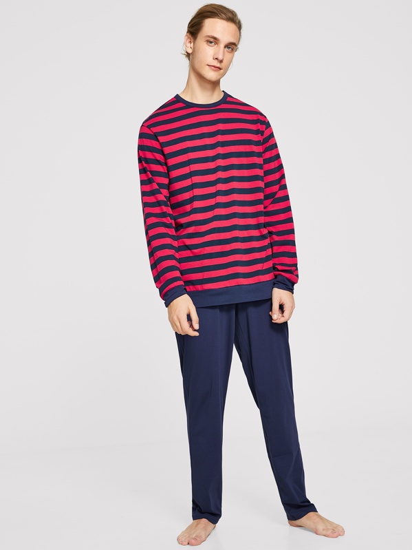 

Men Striped Top & Plain Pants PJ Set, Multicolor, EGOR