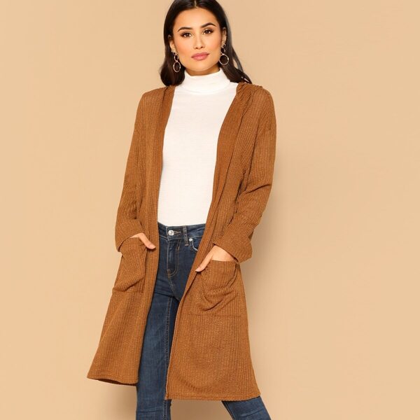 

Rib-knit Pocket Patched Hooded Coat