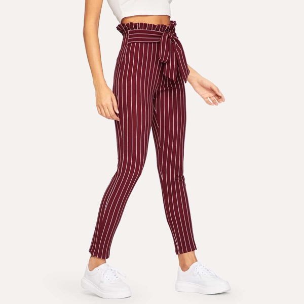 

Paperbag Tie Waist Striped Pants, Burgundy