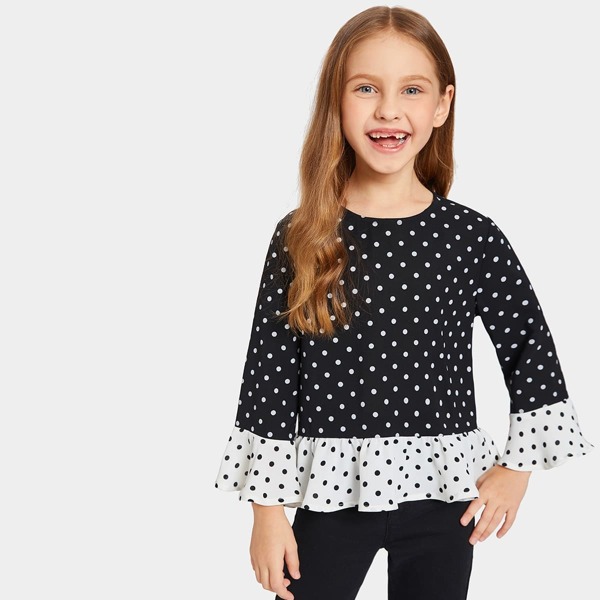 

Girls Two Tone Polka Dot Ruffle Top, Black and white
