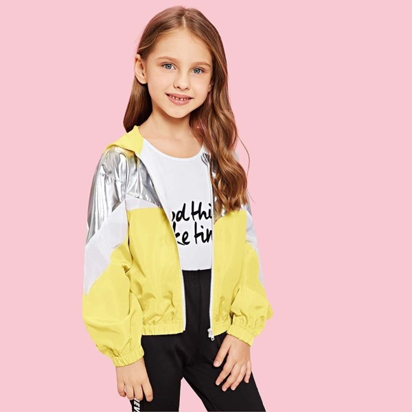 

Girls Zip Up Color-block Metallic Hoodie Jacket, Multicolor