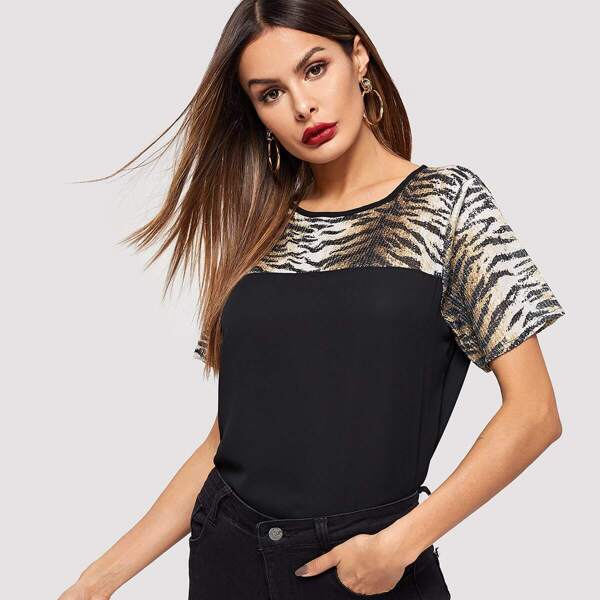 

Tiger Pattern Sequin Yoke Curved Hem Top
