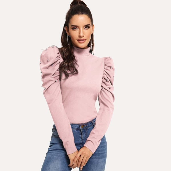 

Faux Pearl Beaded Puff Sleeve Top