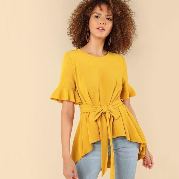 

Flounce Sleeve Dip Hem Belted Top, Yellow