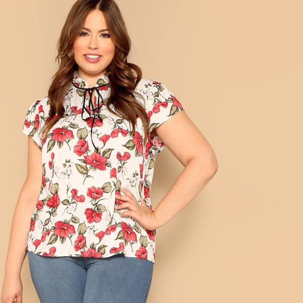 

Plus Flower Print Frilled Neck Blouse