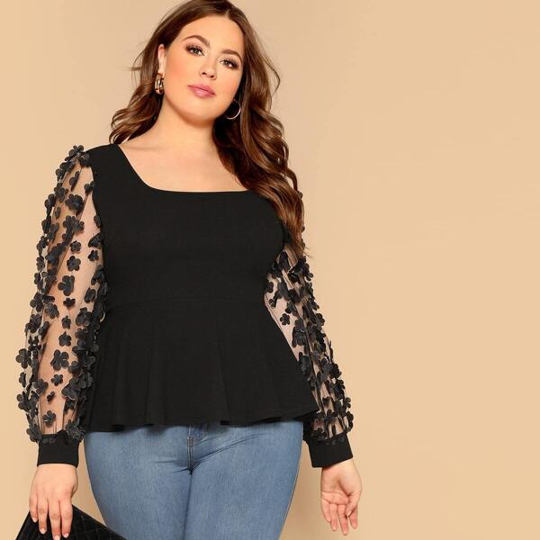 

Plus Mesh Appliques Sleeve Peplum Top