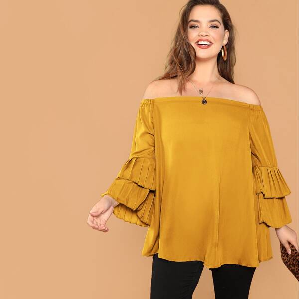 

Plus Layered Ruffle Bell Sleeve Bardot Top