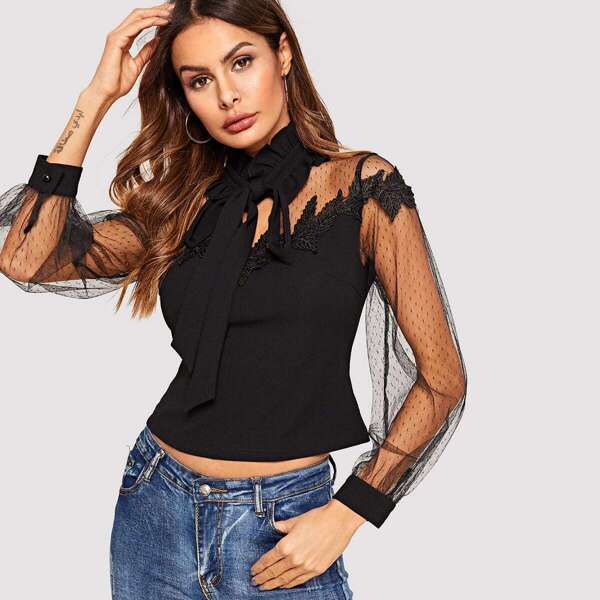 

Frill Neck Mesh Applique Blouse