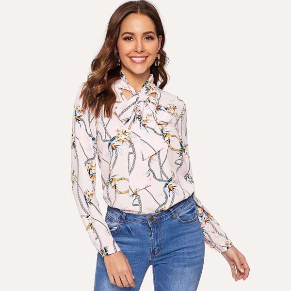 

Chain Print Tied Neck Blouse