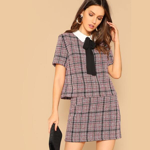 

Tie Neck Contrast Collar Tweed Top and Skirt Set